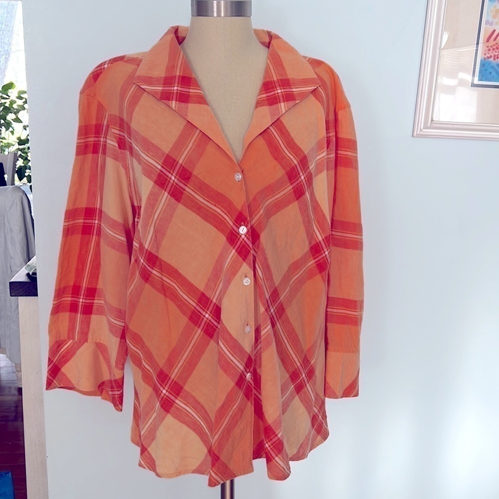 Talbots Woman Linen Plaid Button Blouse Plus Size